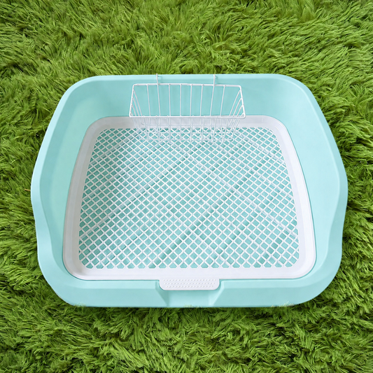 Teal Ergonomic Rabbit Litter Box Toilet with Custom Fit Hay Rack