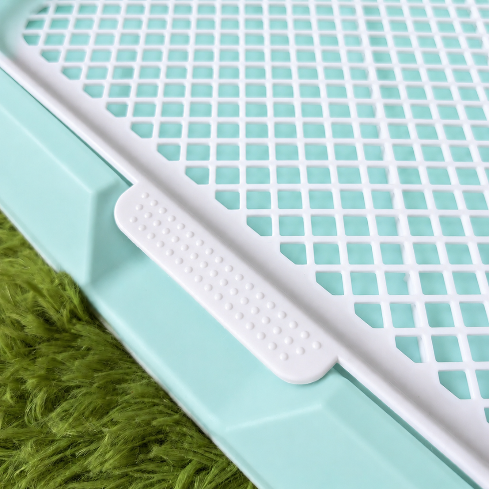 teal ergonomic rabbit litter box toilet with custom fit hay rack