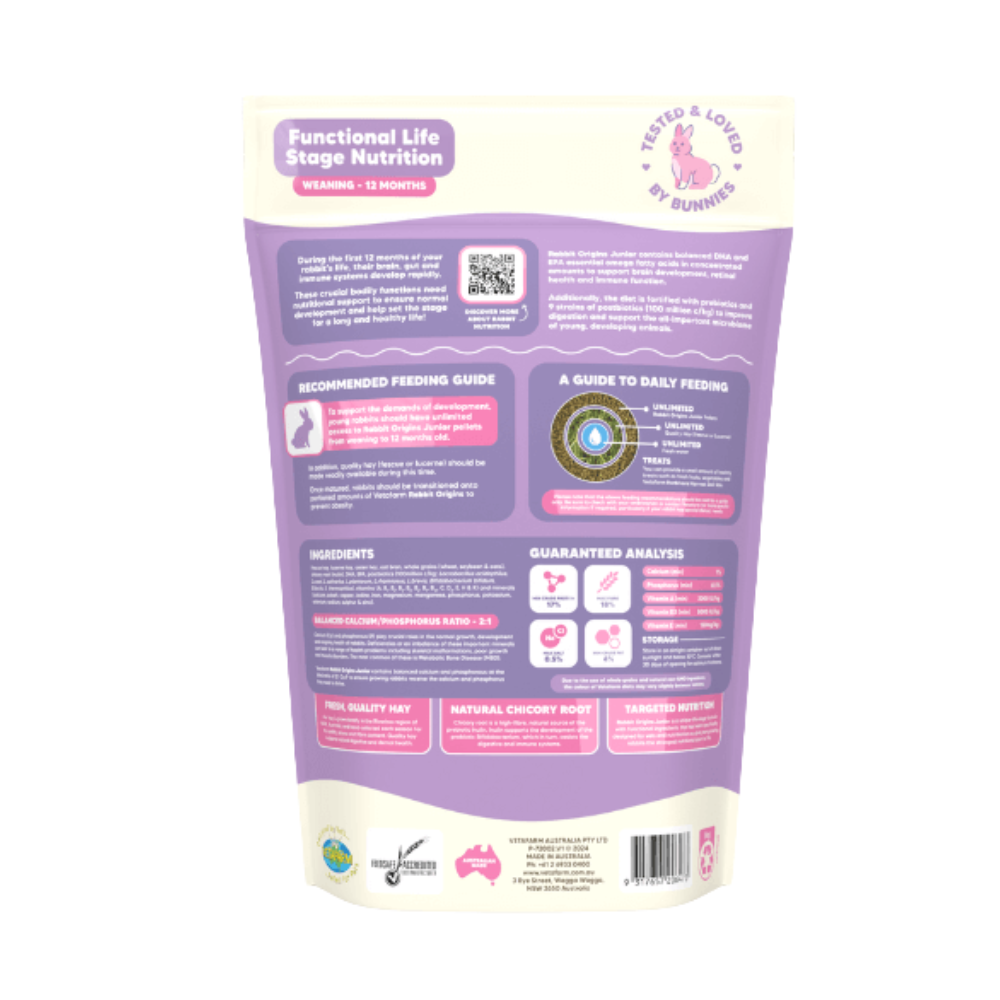 vetafarm origins junior rabbit pellet food 1.5kg
