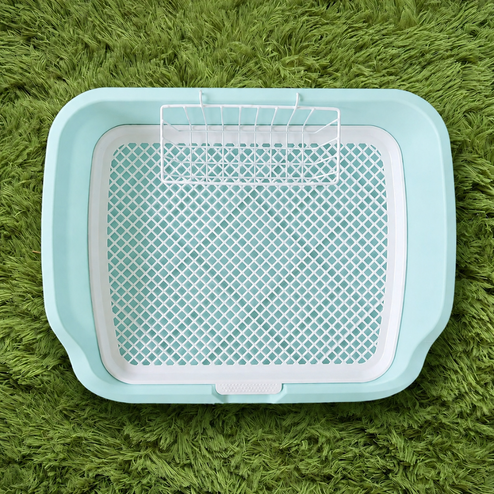 teal ergonomic rabbit litter box toilet with custom fit hay rack